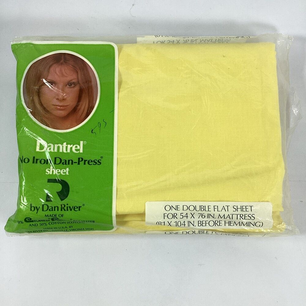 Vtg Dantrel Yellow Double Sheet Set Flat Fitted 2 Cases New Old Stock Dan River - Picture 2 of 8
